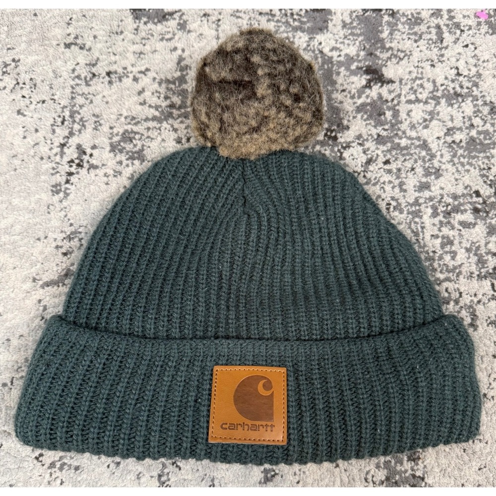 Carhartt Unisex OS Green Knit Beanie Faux Fur Pom Logo Patch Winter Hat